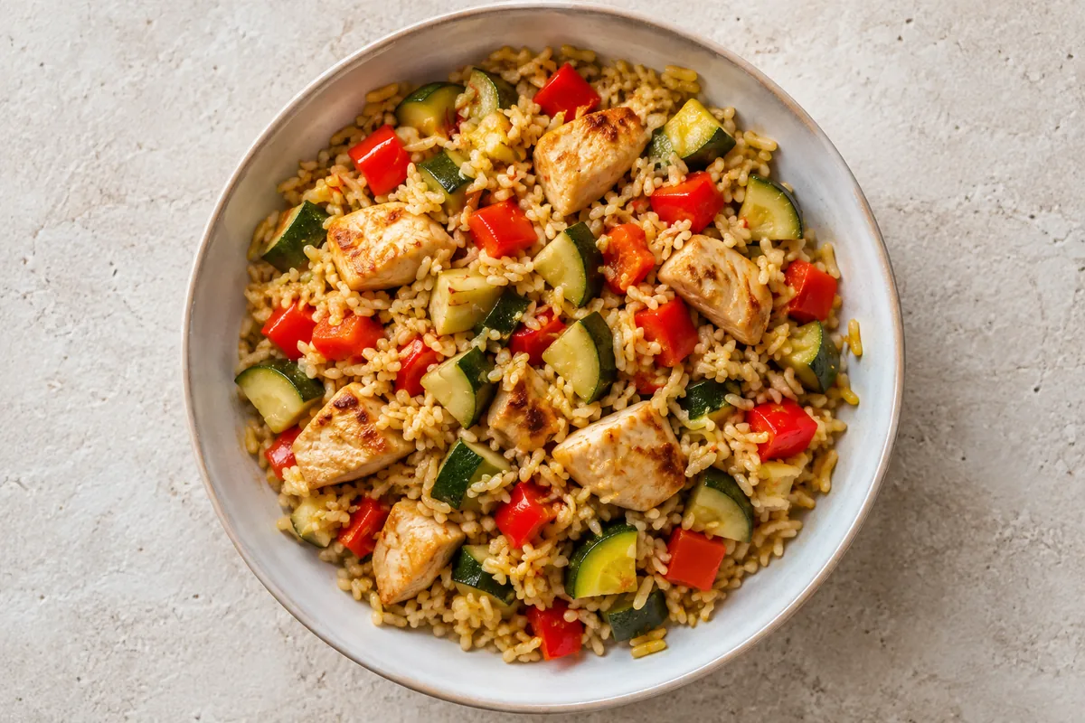 Arroz de pollo, calabacín y pimiento servido y listo para comer