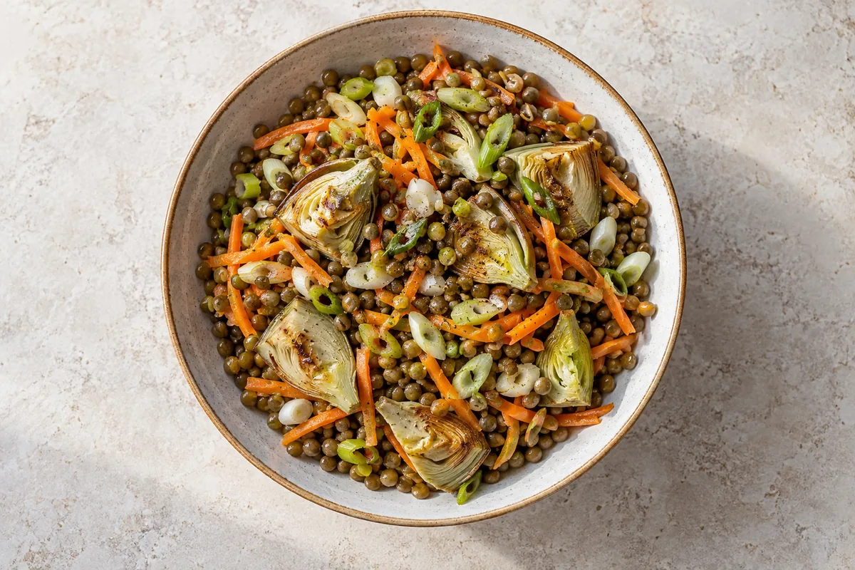 Ensalada templada de lentejas y alcachofa servido y listo para comer