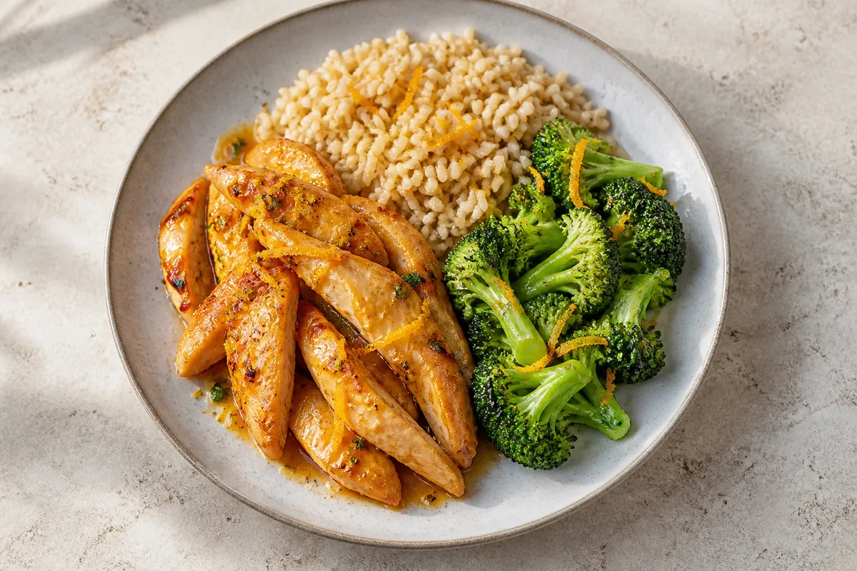Pollo cítrico con brócoli y arroz servido y listo para comer