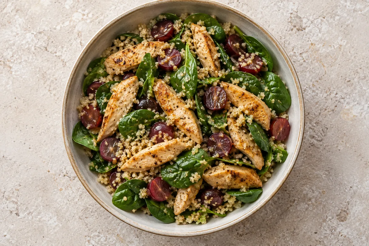 Quinoa de pollo, uvas y espinaca servido y listo para comer